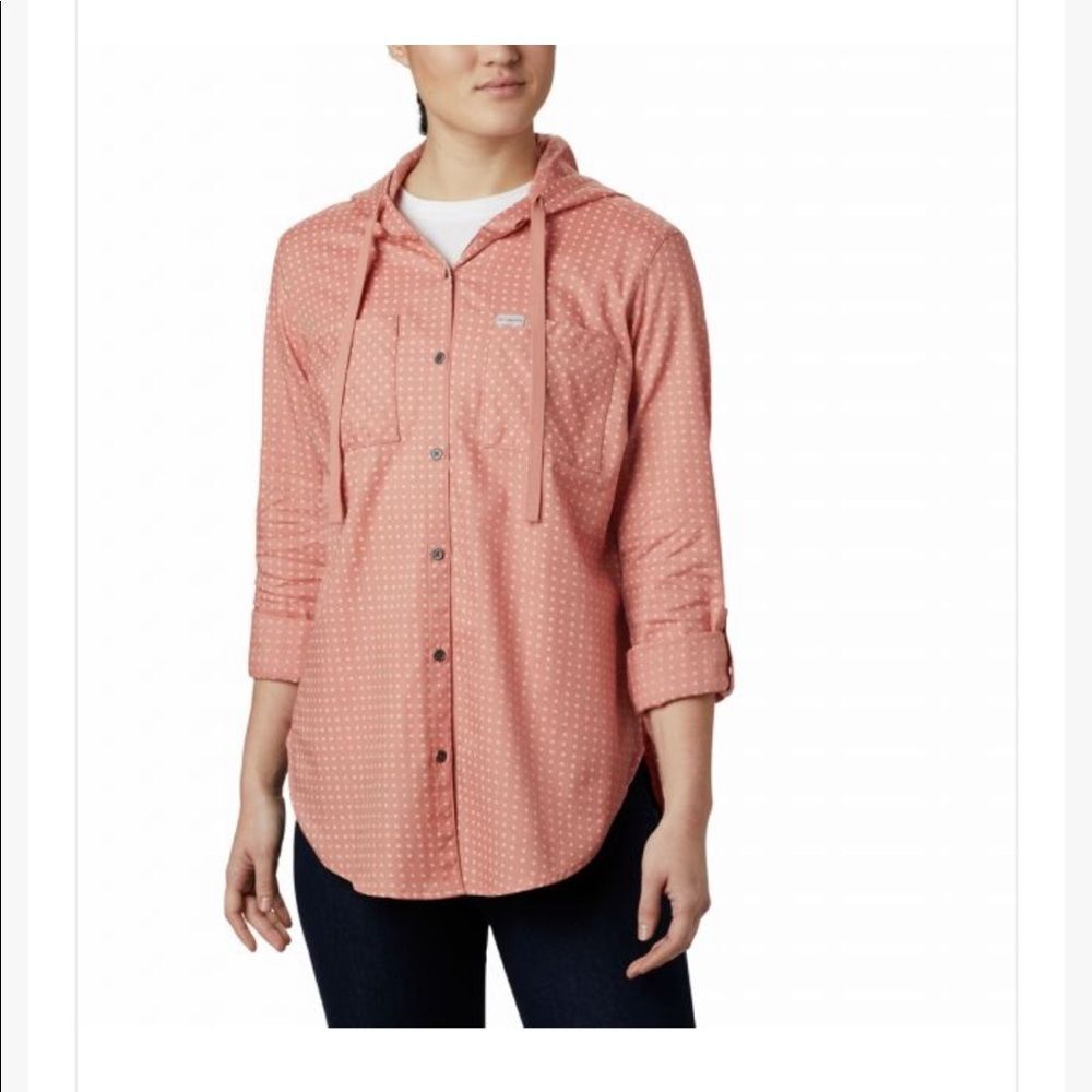 Columbia Womens Anytime Hooded Shirt XS Pink Polka Dot Fishing Beach Outdoor